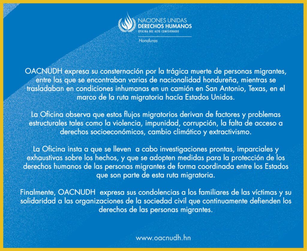OACNUDH expresa su consternación por la trágica muerte de personas migrantes, entre las que se encontraban varias de nacionalidad hondureña