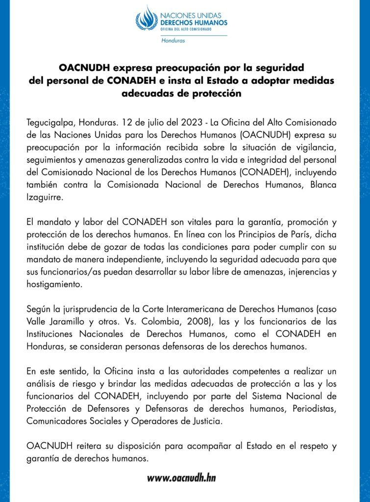 12 de julio de 2023 - OACNUDH expresa preocupación por la seguridad del personal de CONADEH e insta al Estado a adoptar medidas adecuadas de protección