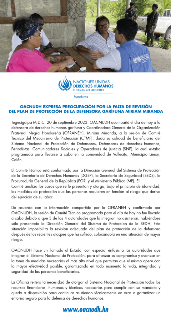 20 de septiembre de 2023 - OACNUDH expresa preocupación por la falta de revisión del plan de protección de la defensora Miriam Miranda