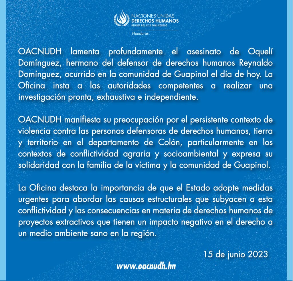 15 de junio - OACNUDH lamenta profundamente el asesinato de Oquelí Domínguez, hermano del defensor de DDHH Reynaldo Domínguez