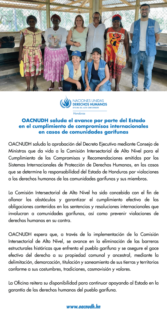 2 de febrero de 2024 - OACNUDH saluda avances por parte del Estado en el cumplimiento de compromisos internacionales en casos de comunidades garífunas
