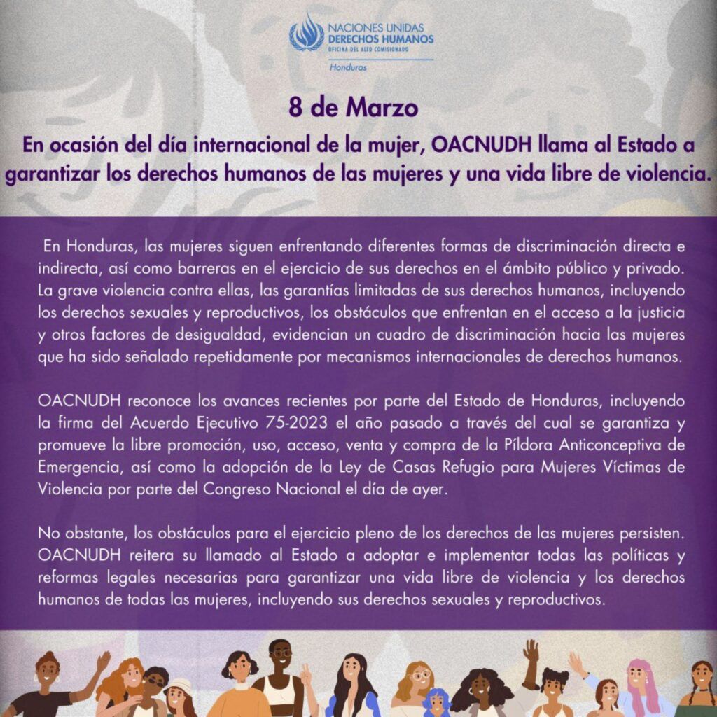 08 de marzo de 2024 - En ocasión del día Internacional de la mujer, OACNUDH llama al Estado a garantizar los derechos humanos de las mujeres y una vida libre de violencia