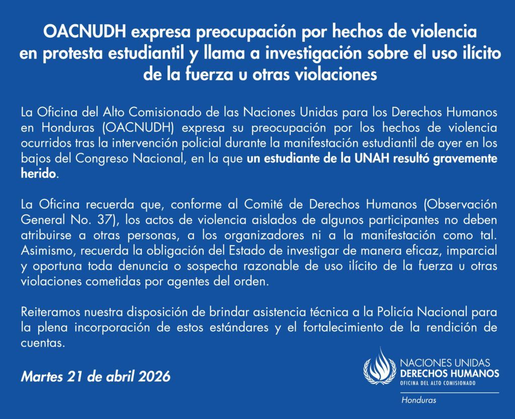 21 de abril - OACNUDH expresa preocupación por hechos de protesta estudiantil y llama a investigación sobre el uso ilícito de la fuerza u otras violaciones